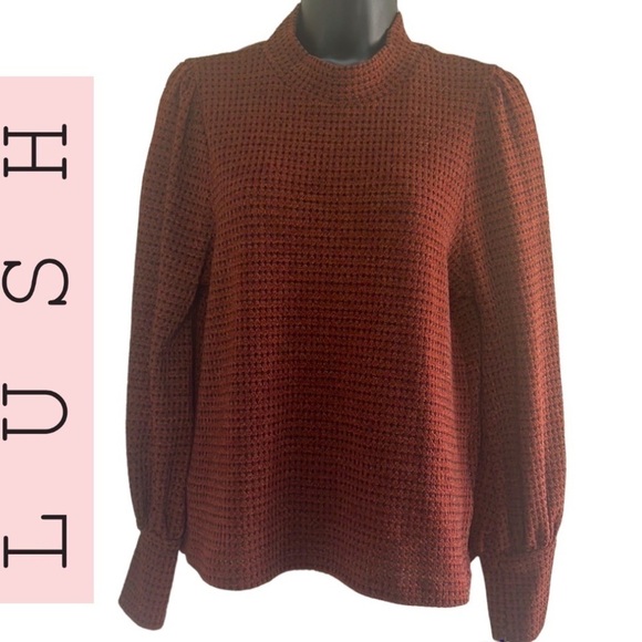 Lush Rust Mock Neck Balloon Sleeve Knit Sweater Size S - Picture 4 of 14